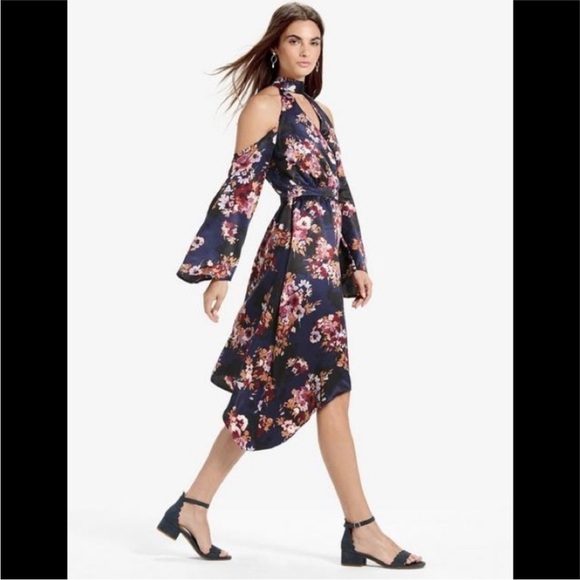 Lucky Brand Blue Floral Cold Shoulder Asymmetrical Dress - Picture 2 of 13